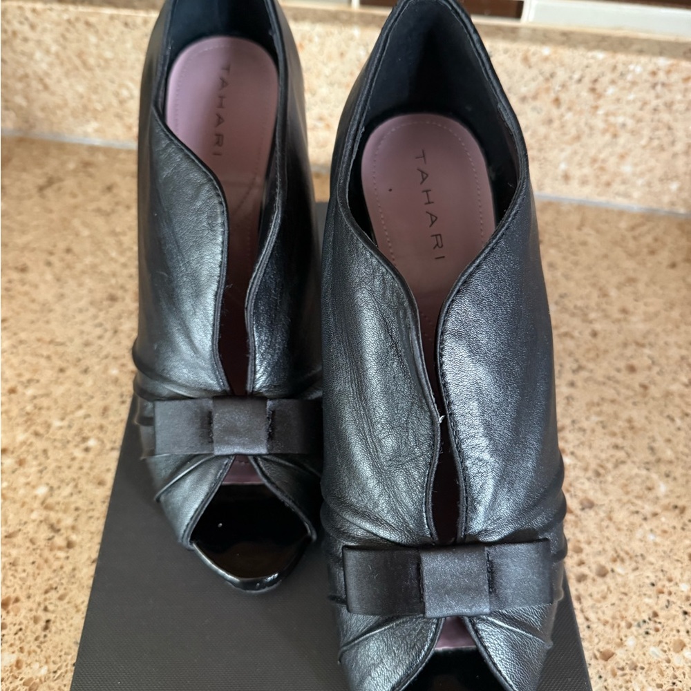 Tahari Black Peep Toe Bow Heels